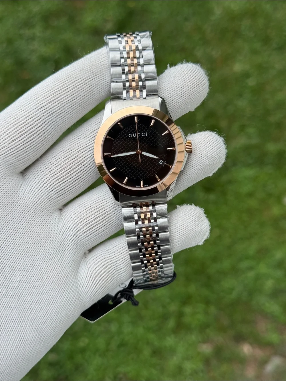 Gucci G TIME Two-Tone Silver and Rose Gold Watch with Black Dial unisex